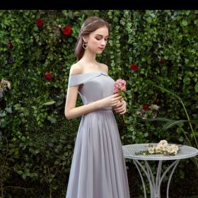 Bridesmaid Long Gray Bridesmaid Sisters Wedding Slimming Off-shoulder Banquet Dress (Option: Gray F-XS)