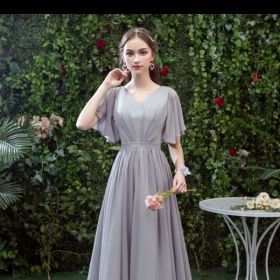 Bridesmaid Long Gray Bridesmaid Sisters Wedding Slimming Off-shoulder Banquet Dress (Option: Gray C-XL)